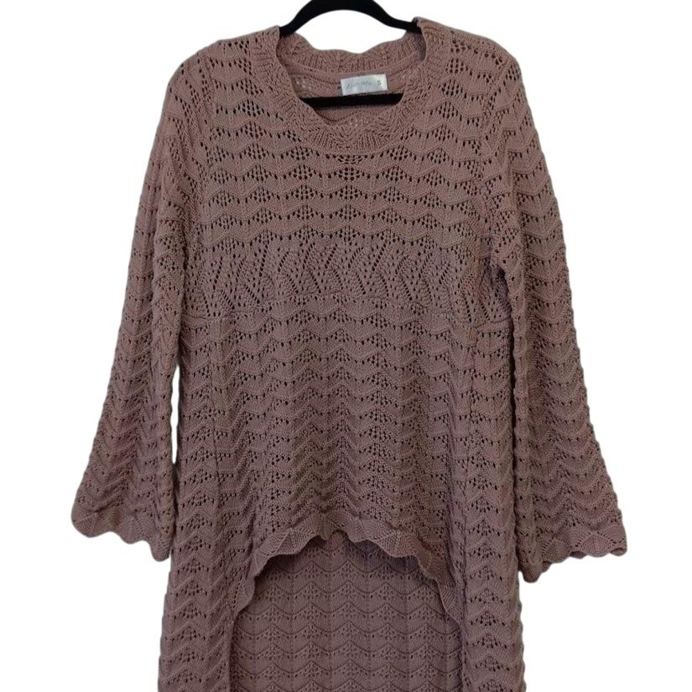 Knit Mix Sweater Dress Womens Small Pink Chevron Open Knit Hi Low Bell Sleeve